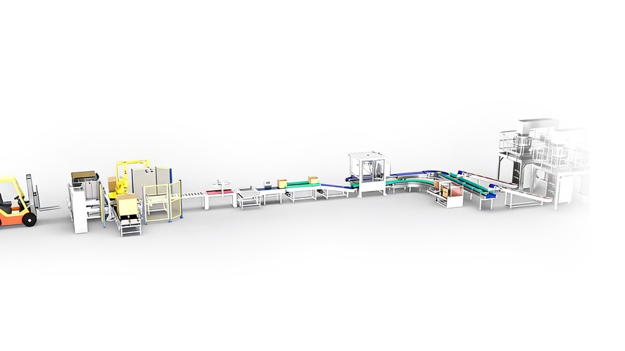 自动开箱+贴标+机械手装箱+侧面贴标+封箱生产线