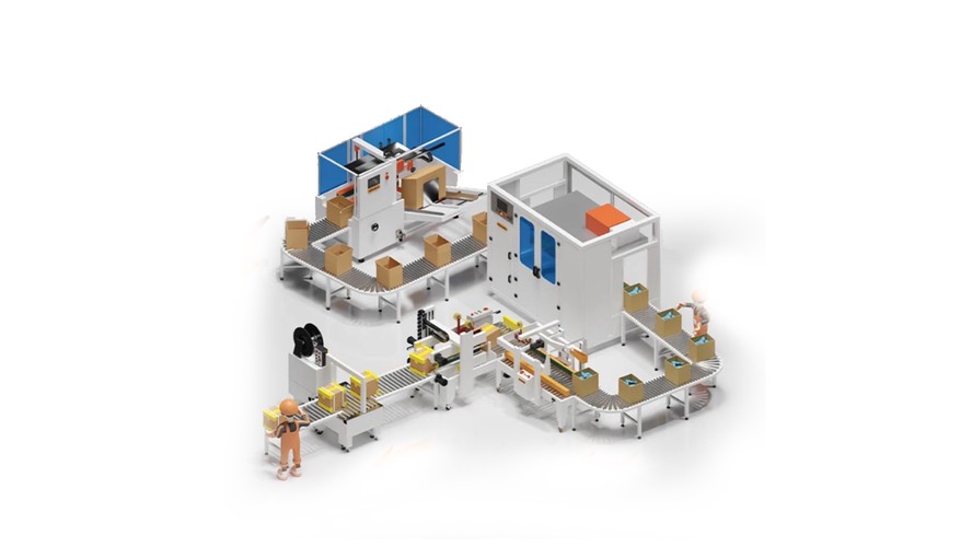 自动开箱+贴标+机械手装箱+封箱+打包线